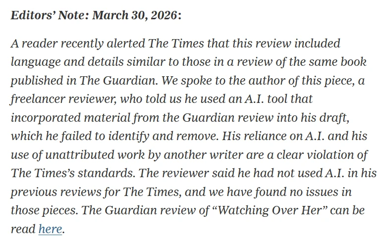 Editors' Note: March 30, 2026:
A reader recently alerted The Times that this review included language and details similar to those in a review of the same book published in The Guardian. We spoke to the author of this piece, a freelancer reviewer, who told us he used an A.I. tool that incorporated material from the Guardian review into his draft, which he failed to identify and remove. His reliance on A.I. and his use of unattributed work by another writer are a clear violation of The Times's standards. The reviewer said he had not used A.I. in his previous reviews for The Times, and we have found no issues in those pieces. The Guardian review of "Watching Over Her" can be read here. (link)