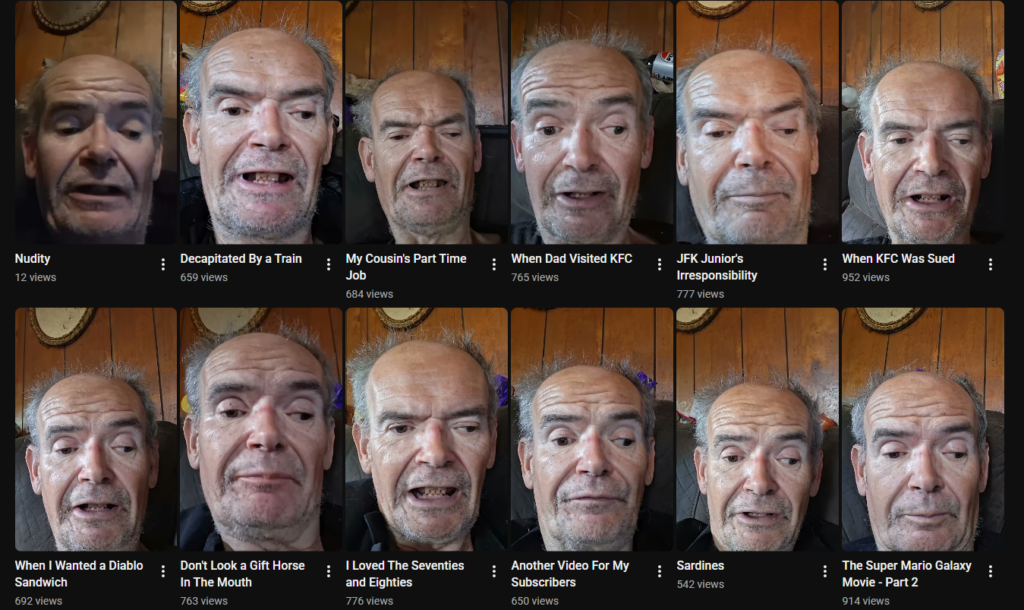 A screenshot of "Randy Johnson's" YouTube channel, which consists entirely of vertical video clips of an elderly man talking about various topics.