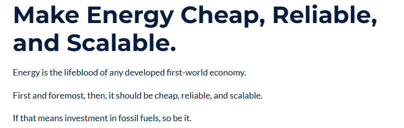 Make Energy Cheap, Reliable and Scalable.
Energy is the lifeblood of any developed first-world economy. First and foremost, then, it should be cheap, reliable and scalable. If that means investment in fossil fuels, so be it.