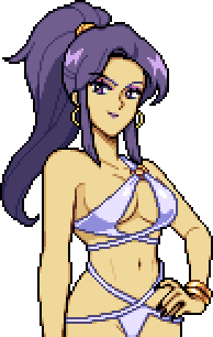 Juniper, a sorceress with dark purple hair. She stands with a hand on her hip and is wearing an elaborate bikini that reveals -- gasp! -- sideboob.