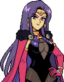 Juniper, a sorceress with dark purple hair. She stands with a hand on her hip and is wearing a black bodysuit with a sheer, partially transparent underlayer. Her cleavage is visible in the plunging neckline of the bodysuit.