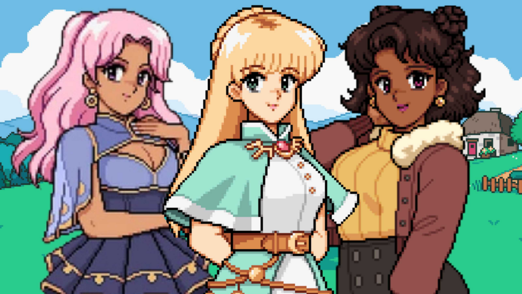 A screenshot from Fields of Mistria showing three pixel art anime-style women, including a tanned woman with pink hair and a low-cut top showing her cleavage, a conservatively dressed blonde, white woman, and a black woman with medium length hair dressed in a somewhat autumnal style.