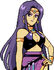 Juniper, a sorceress with dark purple hair. She stands with a hand on her hip and is wearing a cropped top that reveals her cleavage and a sarong-like skirt.